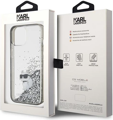 Mbështjellës Karl Lagerfeld Liquid Glitter Choupette për iPhone 15, Transparent, Silver