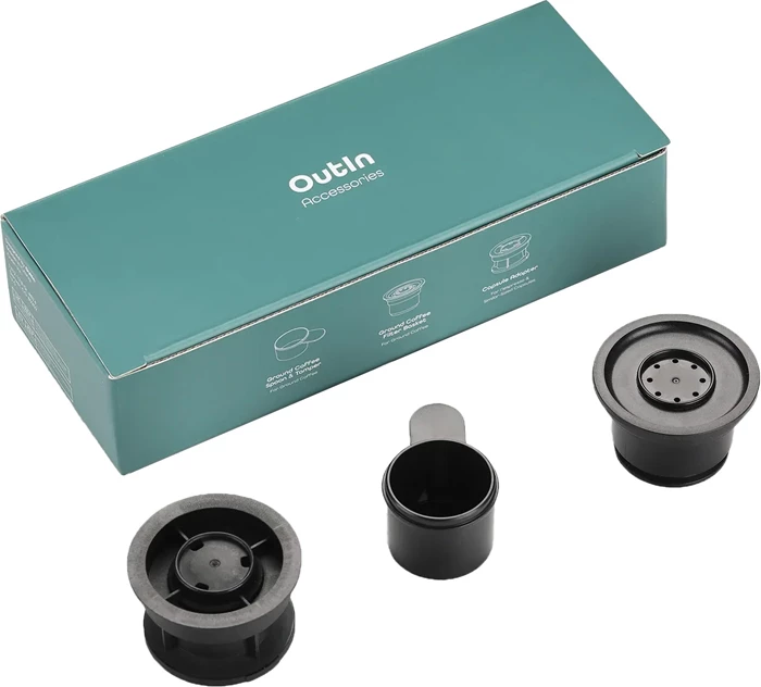 Set filtrash dhe adapter kapsulash, Outin Nano NANO-A-01, për Nespresso Original dhe kafe të bluar 6–8 g, me lugë plastike