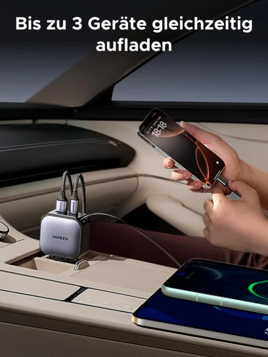 Karikues për veturë UGREEN 55212B 60W, kabllo USB-C e integrume me rrotullim 70cm, 1x USB-C + 1x USB-A, GaN, Space Grey