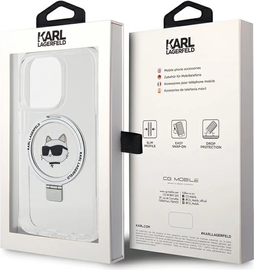 Mbështjellës Karl Lagerfeld KLHMP15XHMRSCHH për iPhone 15 Pro Max 6.7", Ring Stand Choupette Head, MagSafe, Bardhë