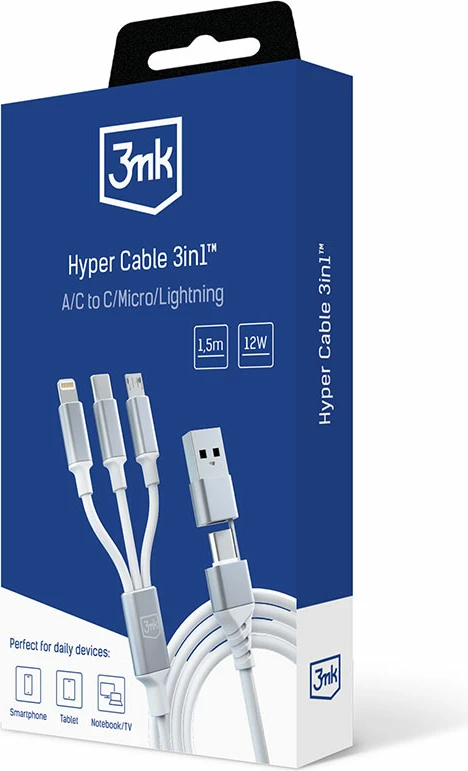 Kabllo 3in1 3mk Hyper Cable, 1.5m, USB-A në USB-C/Micro USB/Lightning, Bardhë