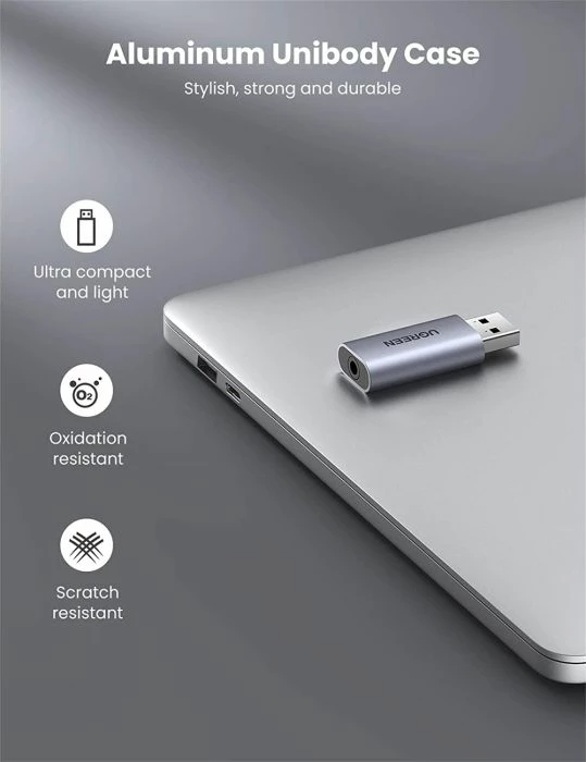 Adapter audio USB UGREEN 80864, USB 2.0 në 3.5mm TRRS (dëgjim + mikrofon), ALC4030, argjendtë