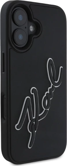 Mbështjellës Karl Lagerfeld 3D Rubber Signature për iPhone 16, i zi