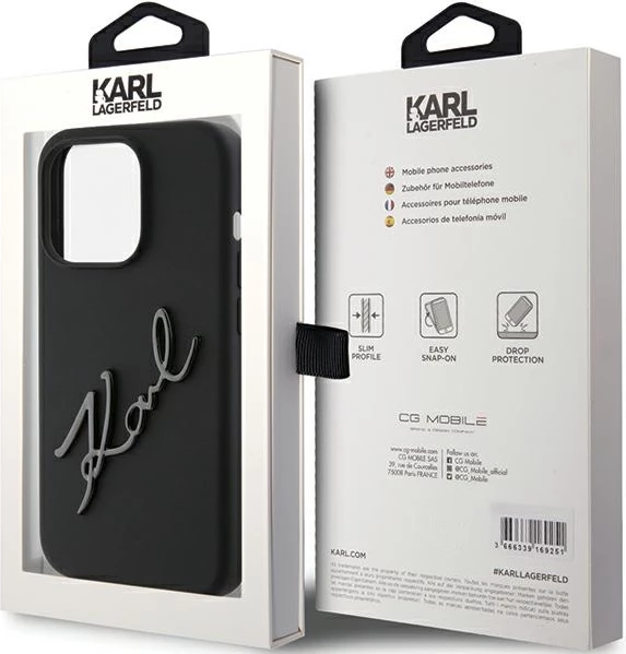 Mbështjellës Karl Lagerfeld Silicone Karl Script për iPhone 15 Pro, i zi
