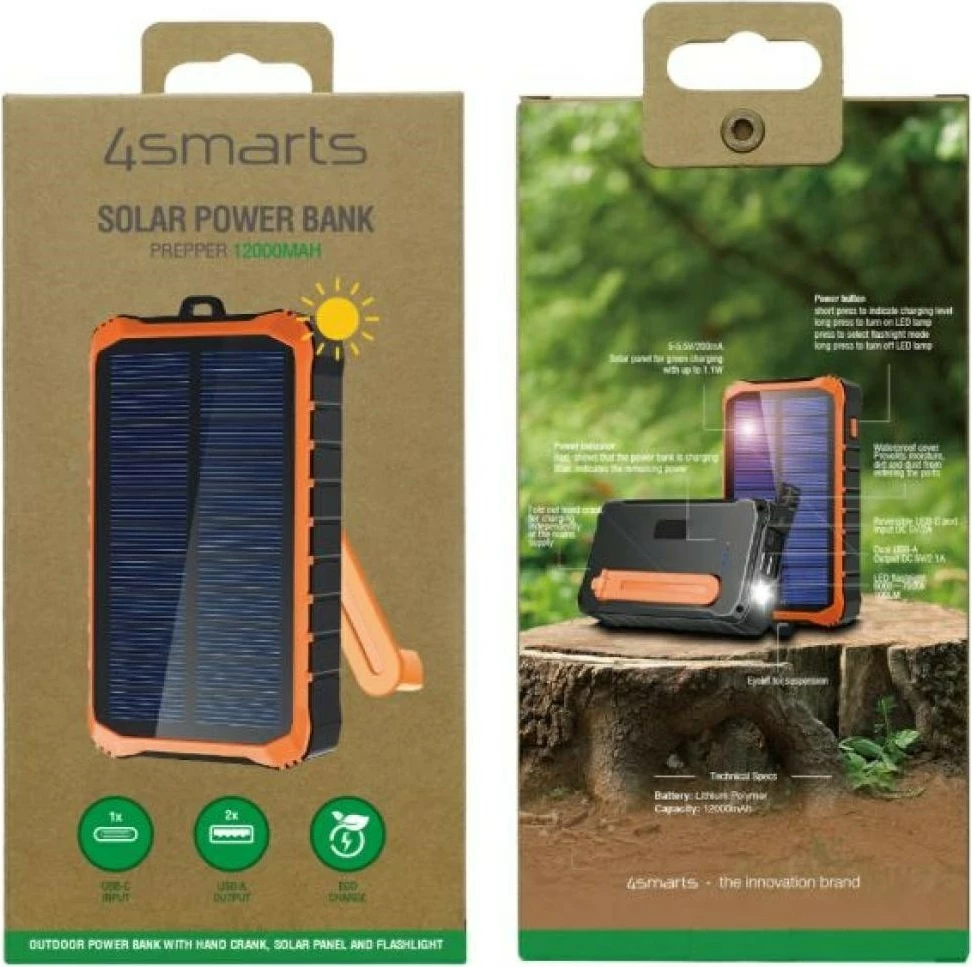 Powerbank solar me manivelë 4smarts Proper Solar KAT07306 12000 mAh 2x USB-A hyrje USB-C gri/portokalli