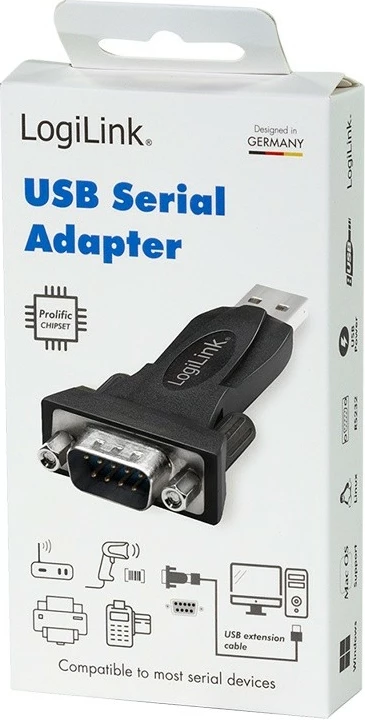 Adapter USB 2.0 A në DB9 (RS232), LogiLink AU0002F, për Kompjuter, kompatibil me Windows 11, e zezë, me kabllo zgjatuese 80 cm