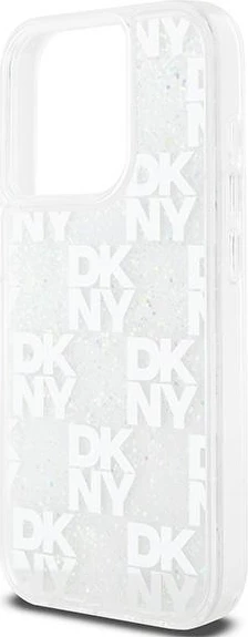 Mbështjellës DKNY Liquid Glitter Multilogo për iPhone 15 Pro, i bardhë