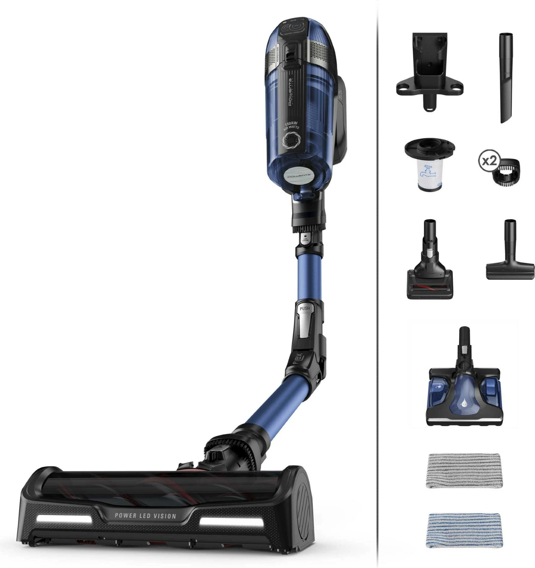 Fshesë me korrent vertikale pa kabllo Rowenta RH98C0WO X-Force Flex 2-në-1, 4.8V, kohë pune deri 45 min, depozitë 0.9L, filtër 99.9%, blu