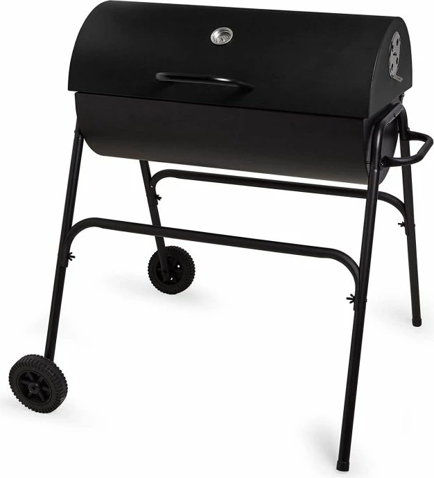 Skare me qymyr VONHAUS Barrel 2500375, me kapak të thellë, termometër, raft ngrohës, me rrota, e zezë