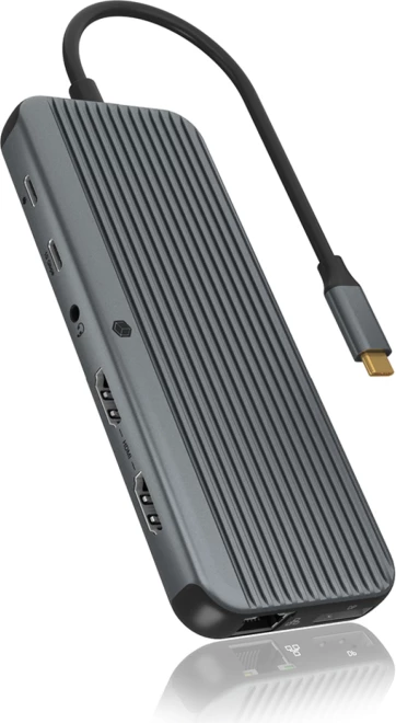 Stacion dokimi USB-C ICYBOX IB-DK4060-CPD, 12-në-1, triple video (2x HDMI + DP), deri 8K@30Hz, 10Gbps, PD 100W, LAN Gigabit, lexues SD/microSD, anthracite