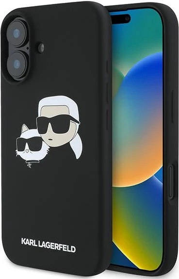 Mbështjellës Karl Lagerfeld Silicone Double Heads Print MagSafe për iPhone 16 Plus, i zi