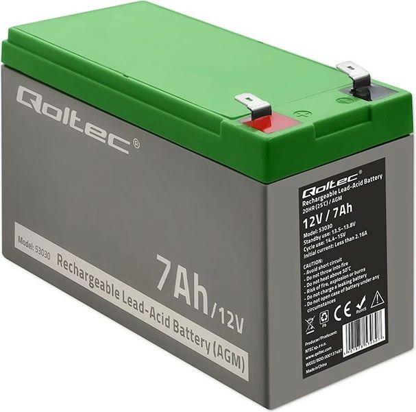 Bateri AGM Qoltec 53030, 12V, 7Ah, Gri/Gjelbër