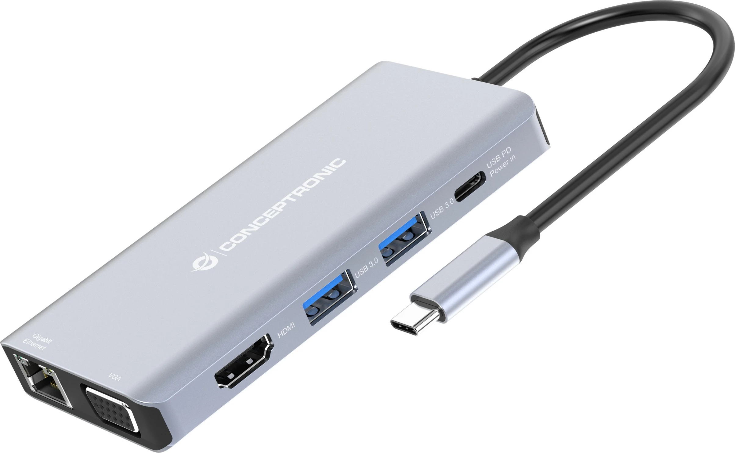 Docking station Conceptronic 10-1, USB-C në HDMI/USB-A/VGA/AUX, 25cm, gri