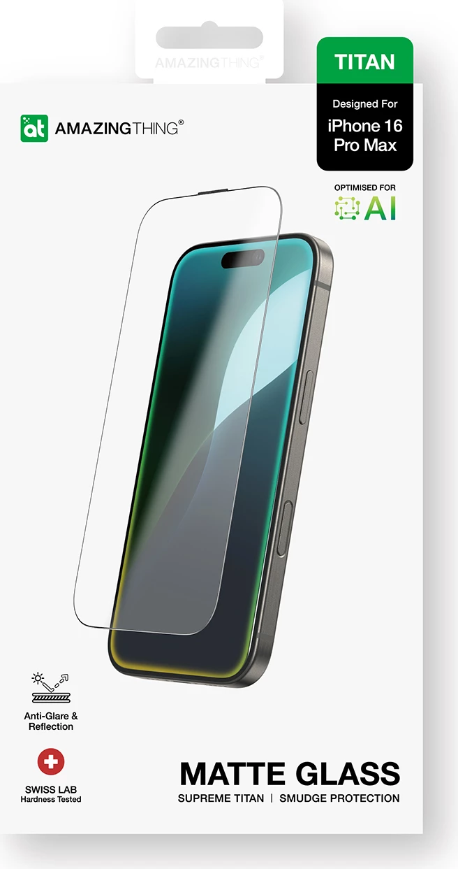 Mbrojtës ekrani qelqi i kalitur, AmazingThing Titan Matte Glass, për iPhone 16 Pro Max, 330µm 9H, DustShield DefendEdge, transparent/mat