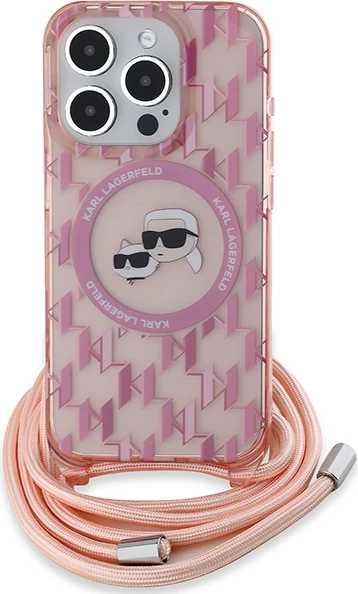 Mbështjellës Karl Lagerfeld IML Crossbody Monogram Karl & Choupette Head MagSafe për iPhone 15 Pro Max, Rozë