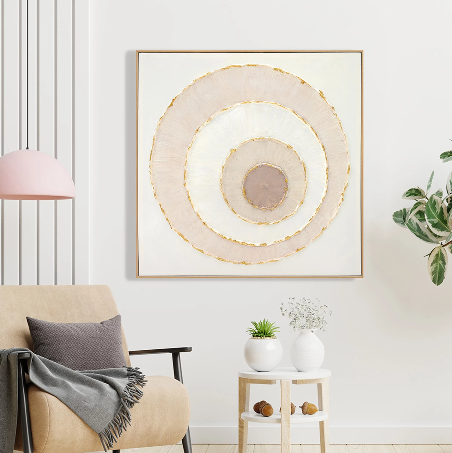 Pikturë muri FH4559 me kornizë PS ngjyrë bezhë, rrethe kanavacë, 82x4,5x82 cm