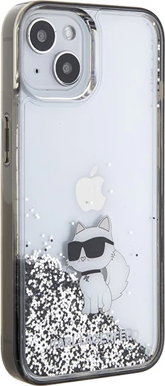 Mbështjellës Karl Lagerfeld Liquid Glitter Choupette për iPhone 15, Transparent, Silver