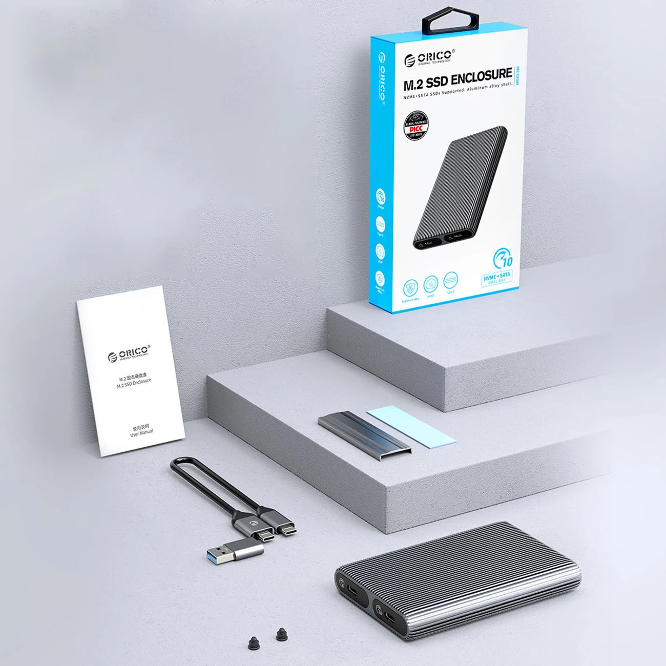 Kasë Orico AM2C3-2N për 2 disqe M.2 NVMe, USB-C 3.2, 10Gb/s, Gri