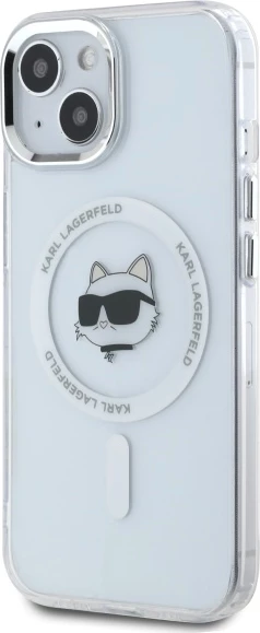 Mbështjellës Karl Lagerfeld IML Metal Choupette Head MagSafe për iPhone 15 Plus, Bardhë