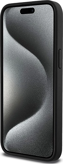 Mbështjellës DKNY Leather Monogram Pattern Metal Logo MagSafe për iPhone 15 Pro Max, i zi