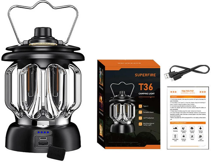 Llambë kampingu Superfire T36, USB-C, e zezë
