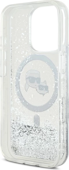 Mbështjellës Karl Lagerfeld Liquid Glitter Karl & Choupette Head MagSafe për iPhone 16 Pro Max, Transparent