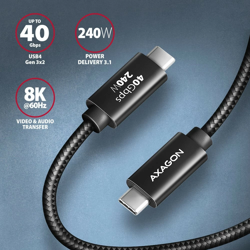 Kabllo USB-C në USB-C, AXAGON BUCM4X-CM05AB, USB4 40 Gb/s, PD 240W, 0.5 m, 8K, e zezë