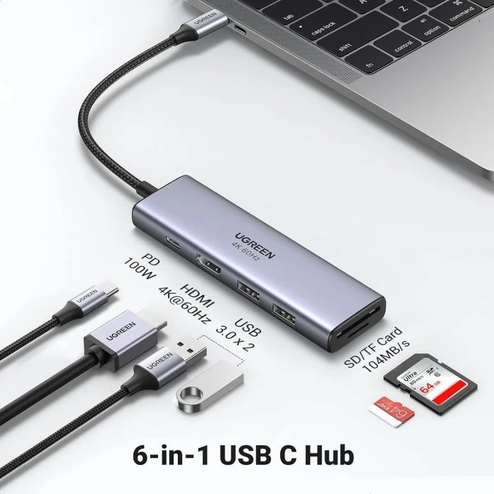 USB-C hub UGREEN 60384, 6-në-1, HDMI 4K@60Hz, PD 100W, 2x USB 3.0, lexues kartelash SD/microSD, gri
