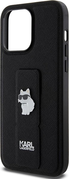 Mbështjellës Karl Lagerfeld Gripstand Saffiano Choupette Pins për iPhone 13 Pro Max, i zi