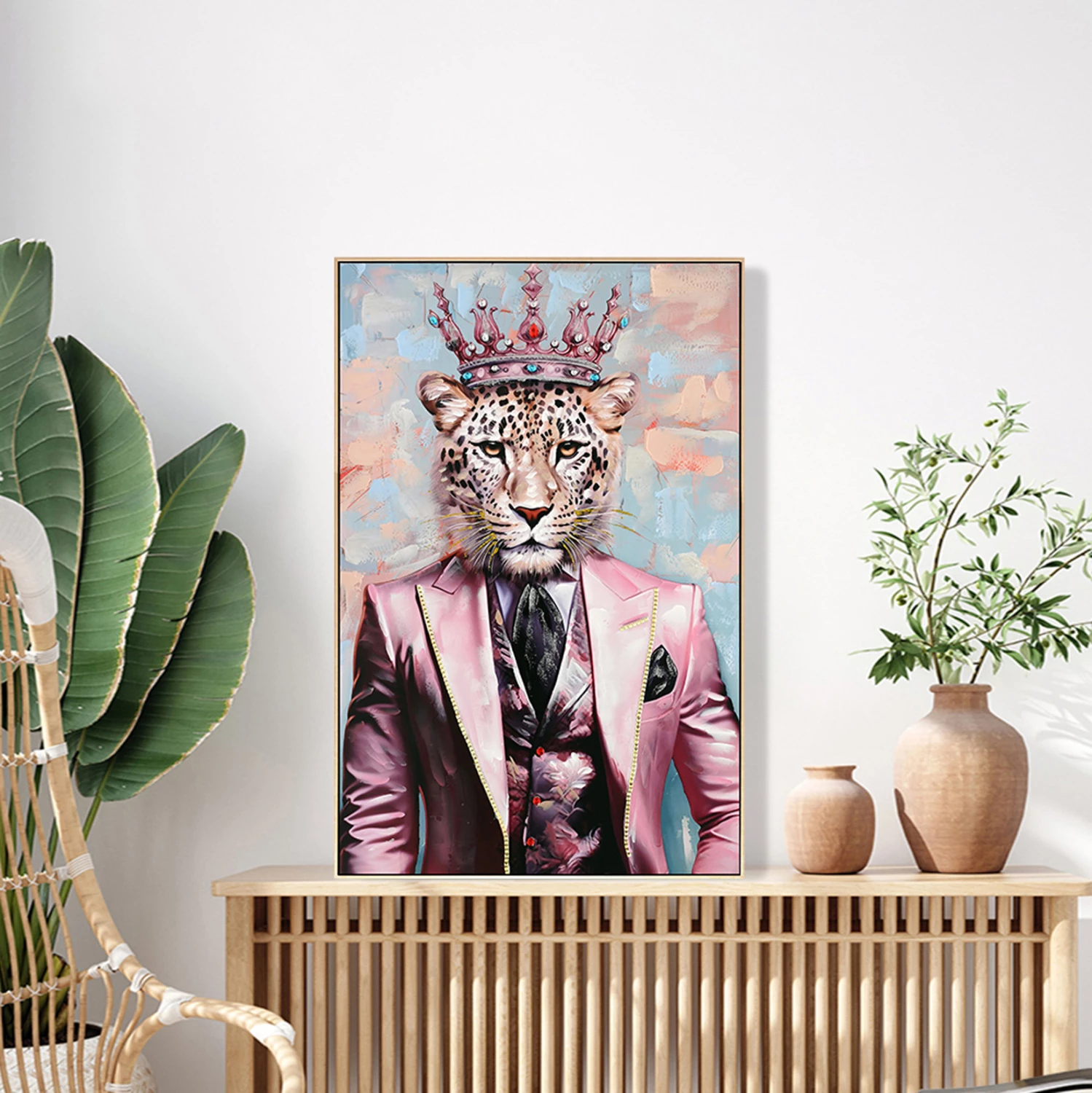 Pikturë muri FH4540 me kornizë PS bezhë, kanavacë e printuar me figurë leopardi, 82x4.5x122 cm