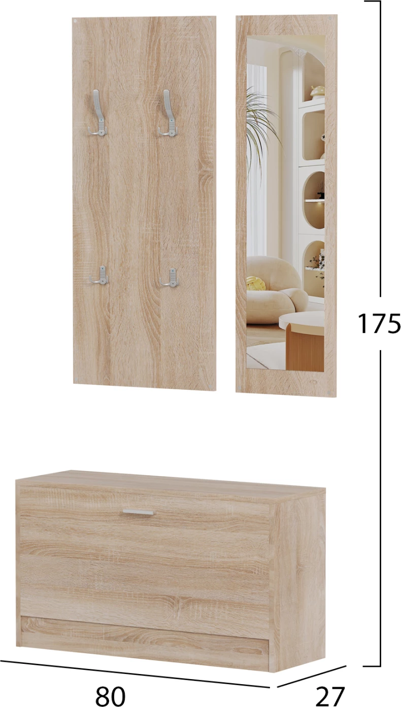 Set për hyrje me pasqyrë VERN FH2476.01 melaminë në ngjyrë Sonama 80x27x175Hcm