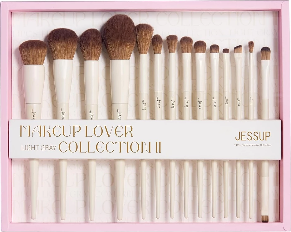 Set furçash për grim JESSUP Light Gray Collection II T329-G për femra gri e çelët 14 copë