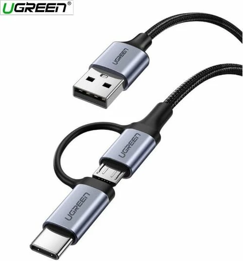 Kabllo UGREEN USB-A në Micro USB + USB-C MPN 30875 1m 2.4A 2-në-1 e gërshetuar, e zezë