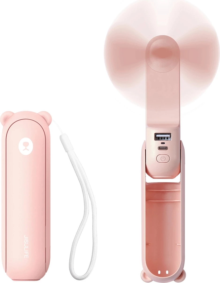 Ventilator dore Jisulife Life8 Plus, 4500 mAh, USB-C, me power bank dhe dritë LED, Rozë