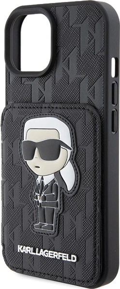 Mbështjellës Karl Lagerfeld Saffiano Cardslots & Stand Monogram Ikonik Patch për iPhone 15, i zi