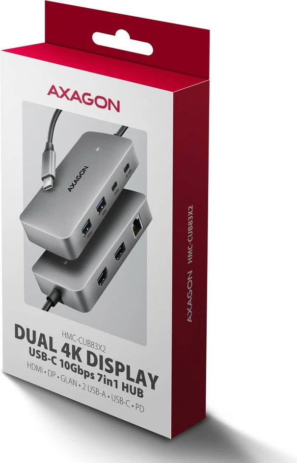 hub USB-C 7-në-1 AXAGON HMC-CUB83X2, 10Gbps, 2x USB-A + 1x USB-C, HDMI 4K/144Hz, DP 8K/30Hz, GLAN, PD 100W, kabllo USB-C 15cm, gri