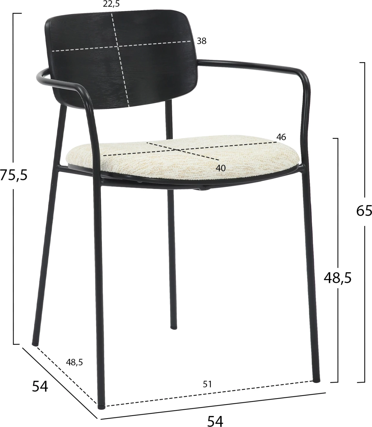 Karrige për ngrënie VIKKI FH9980.02 metal & dru në pëlhurë e zezë-krem, 54x54x75.5H cm, set prej 2 copë