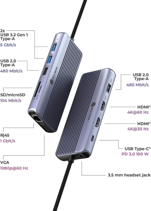 stacion docking USB-C ICYBOX IB-DK4062-CPD 12-në-1, triple video (2x HDMI 4K + VGA), PD 100W, Ethernet Gigabit, lexues SD/microSD, gri