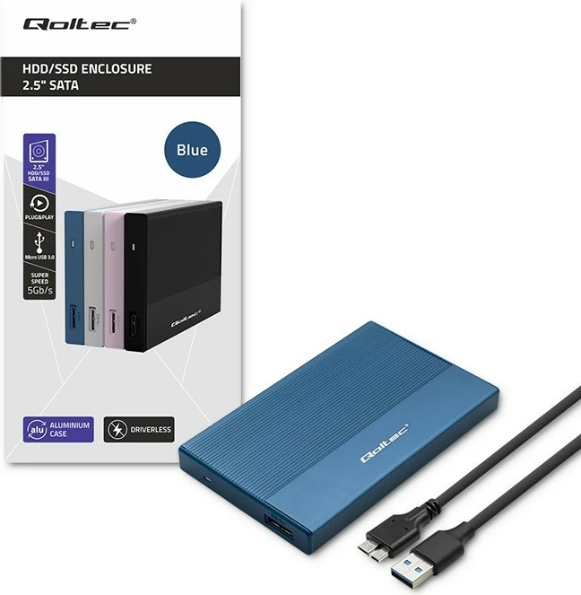 Kasë Qoltec 52276 për SSD/HDD 2.5", USB 3.0, 2TB, Blu