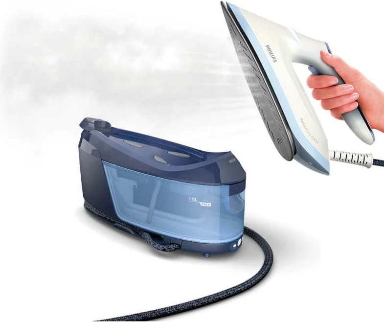 Hekur me avull, Philips, PerfectCare 6000 PSG6026/20, stacion hekurosjeje kompakt, depozitë uji 1.8 L, teknologji OptimalTEMP, blu/bardhë