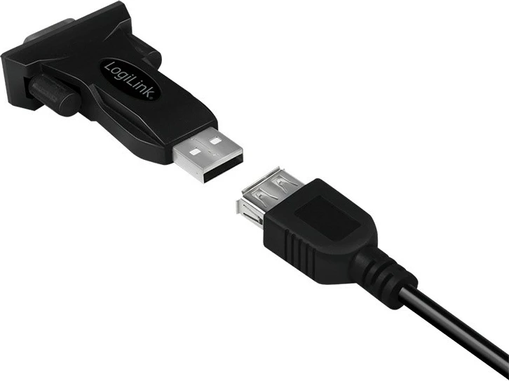 Adapter USB 2.0 A në DB9 (RS232), LogiLink AU0002F, për Kompjuter, kompatibil me Windows 11, e zezë, me kabllo zgjatuese 80 cm