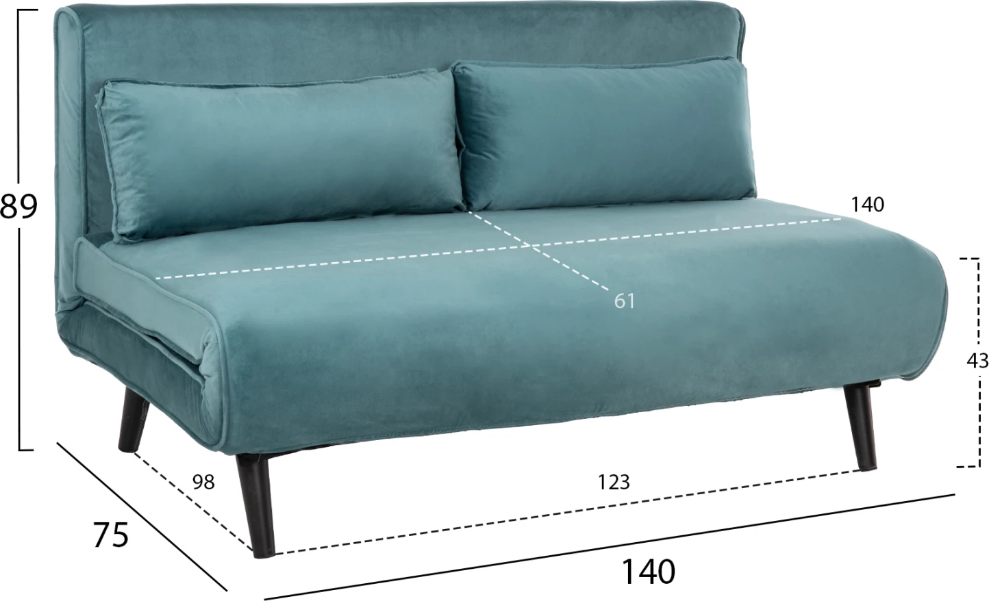 Divan për dy persona, ASMA, kadife, ngjyrë mente, 140x80x77H cm