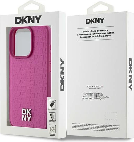 Mbështjellës DKNY Leather Monogram Pattern Metal Logo MagSafe për iPhone 15 Pro, Rozë