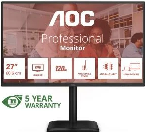 Monitor AOC Q27E4CV 27" QHD 120 Hz me dok USB‑C 90W, këmbë e rregullueshme, i zi