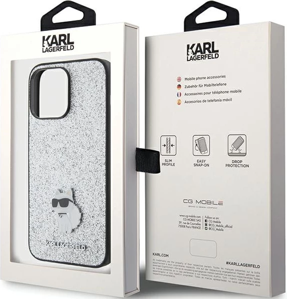 Mbështjellës Karl Lagerfeld Glitter Choupette Logo Metal për iPhone 15 Pro Max, Argjend
