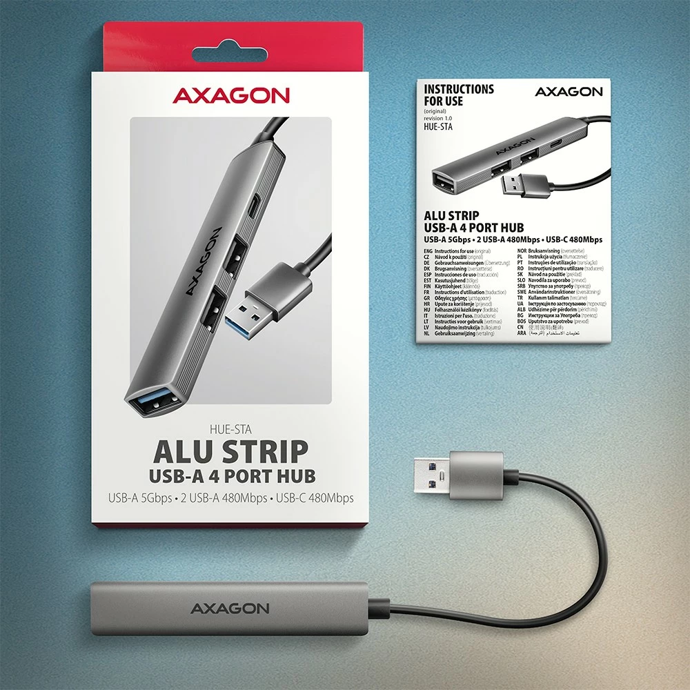 HUB USB AXAGON HUE-STA 4 porte 1x USB-A 5Gbps + 2x USB-A 2.0 + 1x USB-C 2.0, kabllo USB-A 12 cm, gri