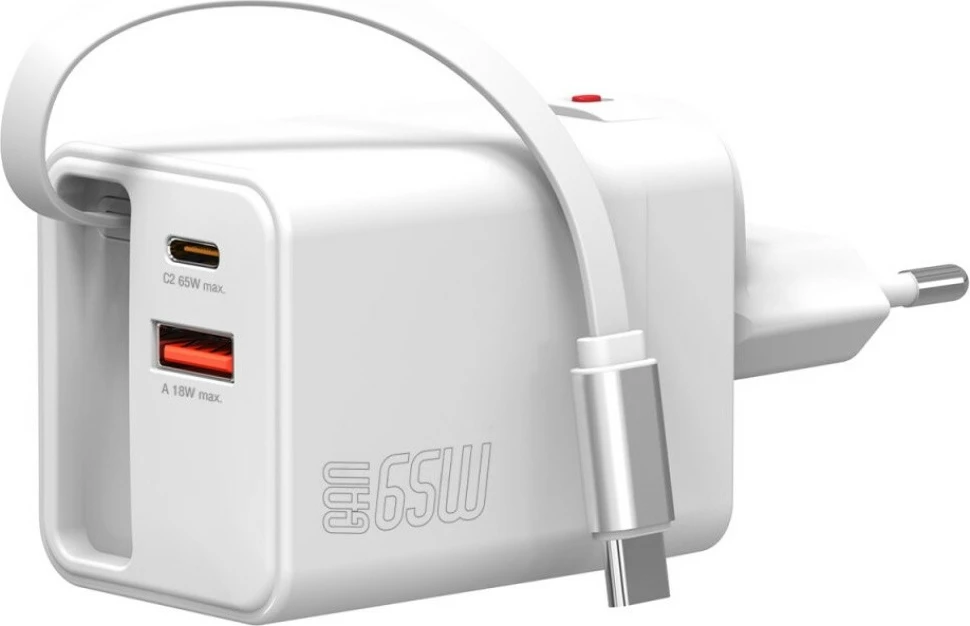 Karikues muri GaN, 4smarts Flex Jojo 4SM000009, 65W PD, 2x USB-C + USB-A, kabllo e integruar e tërheqshme, e bardhë