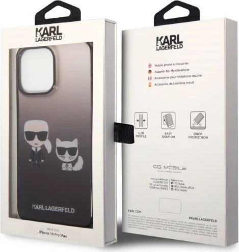Mbështjellës Karl Lagerfeld KLHCP14LTGKCK për iPhone 14 Pro 6.1", Ikonik Karl & Choupette, i zi