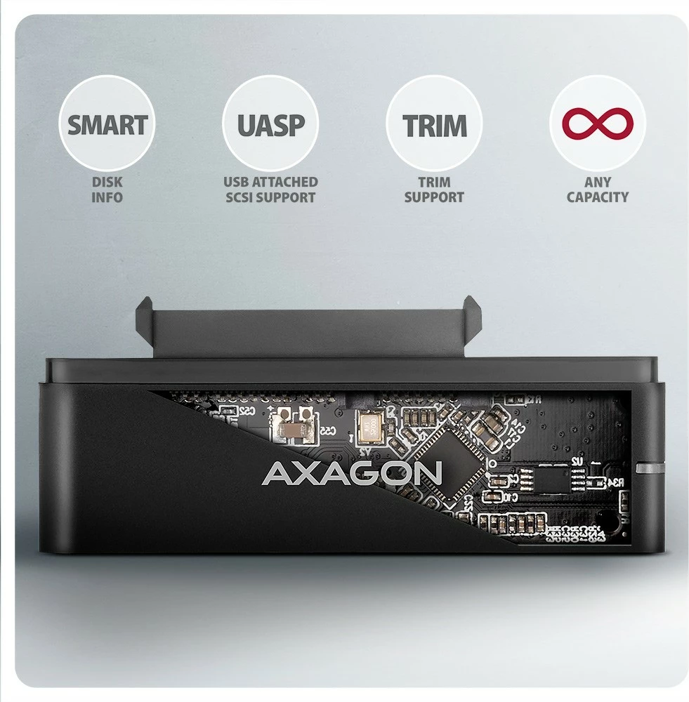 Adapter USB-C në SATA AXAGON ADSA-FPX, 10Gbps, për SSD/HDD 2.5"/3.5", me furnizim rryme, 60cm kabllo, i zi