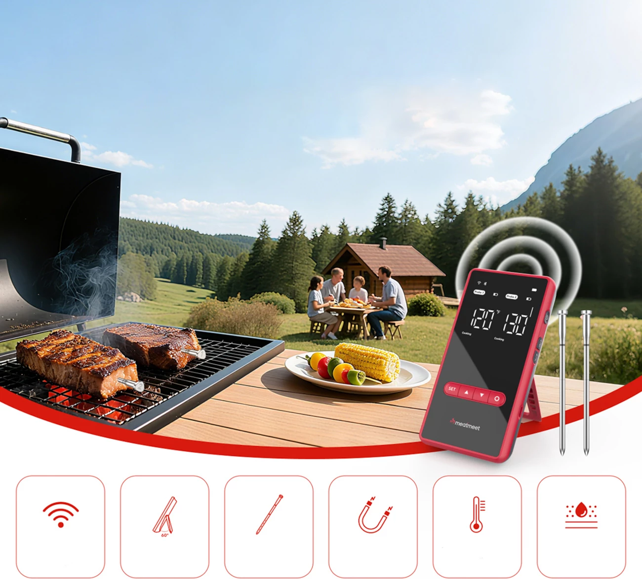 termometër kuzhine, Meatmeet, X Pro, Bluetooth + WiFi, saktësi ±0.1°C, IP69, 2 sonda pa tela, e zezë, set me 2 sonda